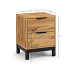 Dimensional diagram displaying the height, width, and depth measurements for the Bali oak 2 drawer bedside table