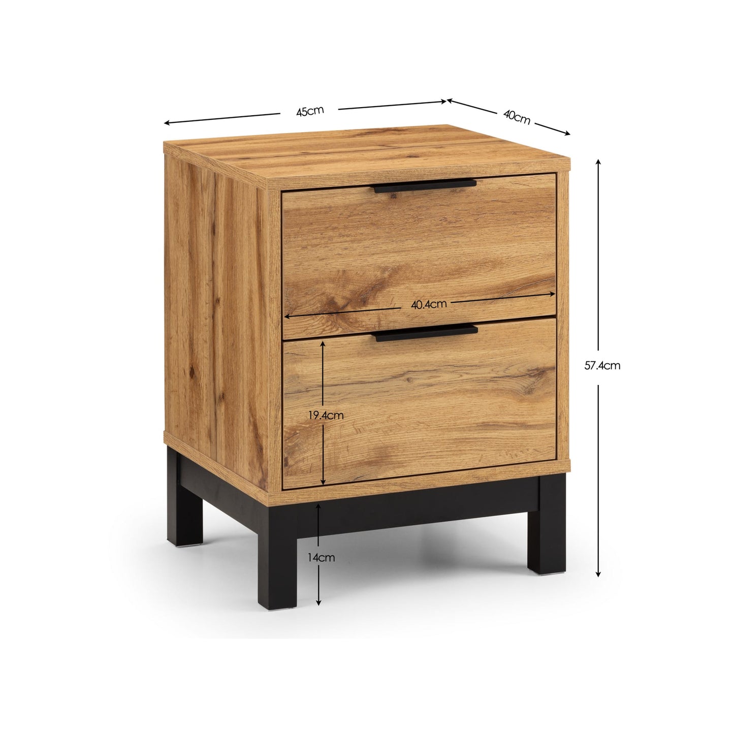 Dimensional diagram displaying the height, width, and depth measurements for the Bali oak 2 drawer bedside table