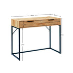 Dimensional diagram displaying the height, width, and leg clearance measurements for the Bali oak dressing table desk
