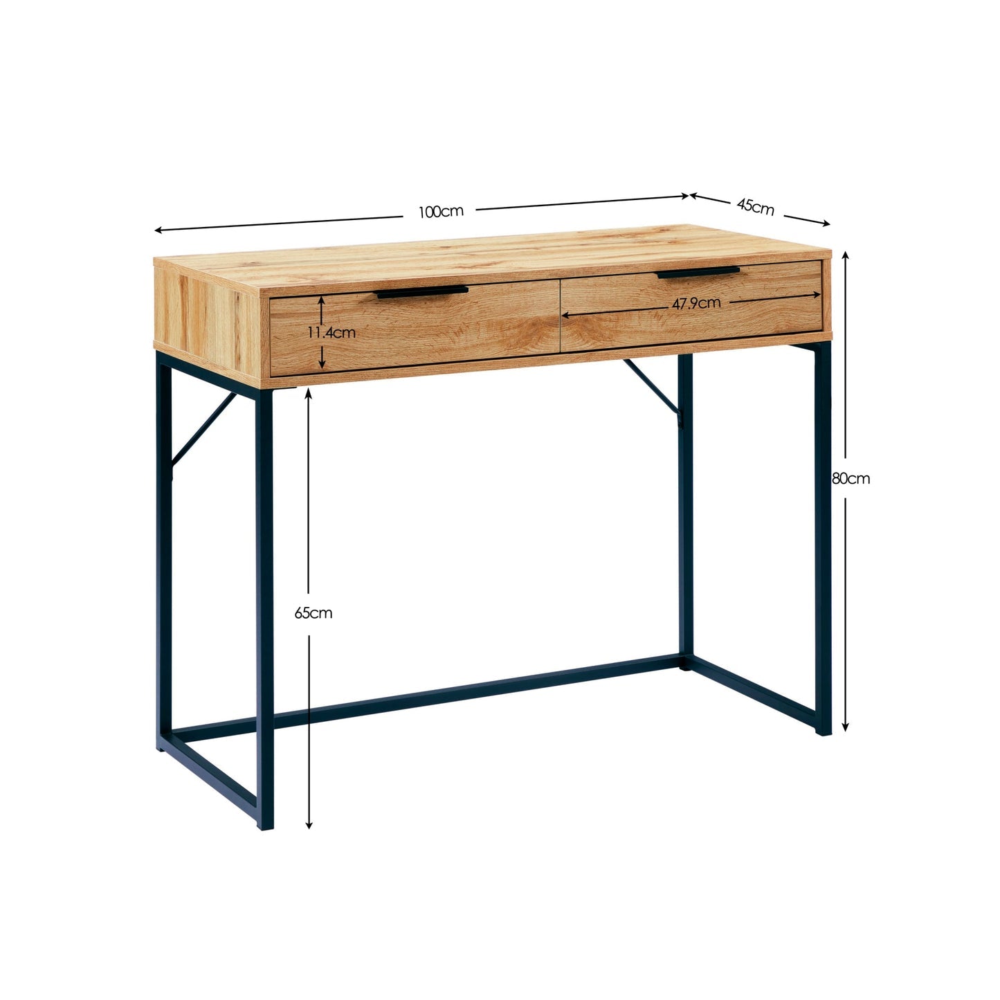 Dimensional diagram displaying the height, width, and leg clearance measurements for the Bali oak dressing table desk