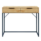 Front elevation view displaying the two closed drawers, black lip handles, and metal leg base of the Bali oak desk