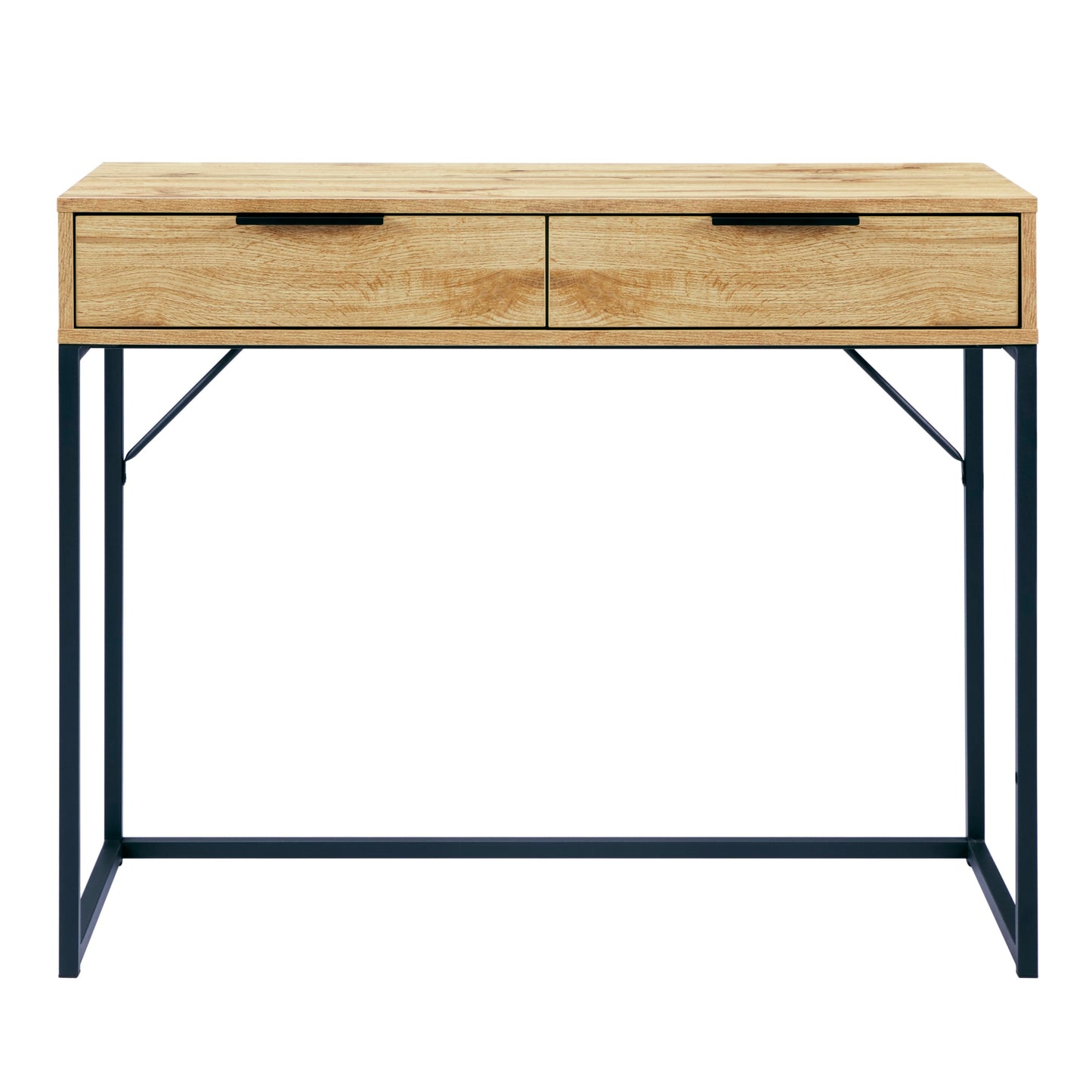 Front elevation view displaying the two closed drawers, black lip handles, and metal leg base of the Bali oak desk