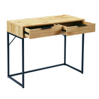 Front perspective view showing the open pull-out drawers and black metal frame of the Bali oak dressing table desk