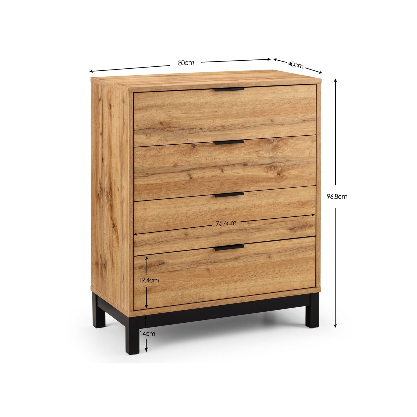 Dimensional diagram displaying the height, width, and depth measurements for the Bali oak 4 drawer chest