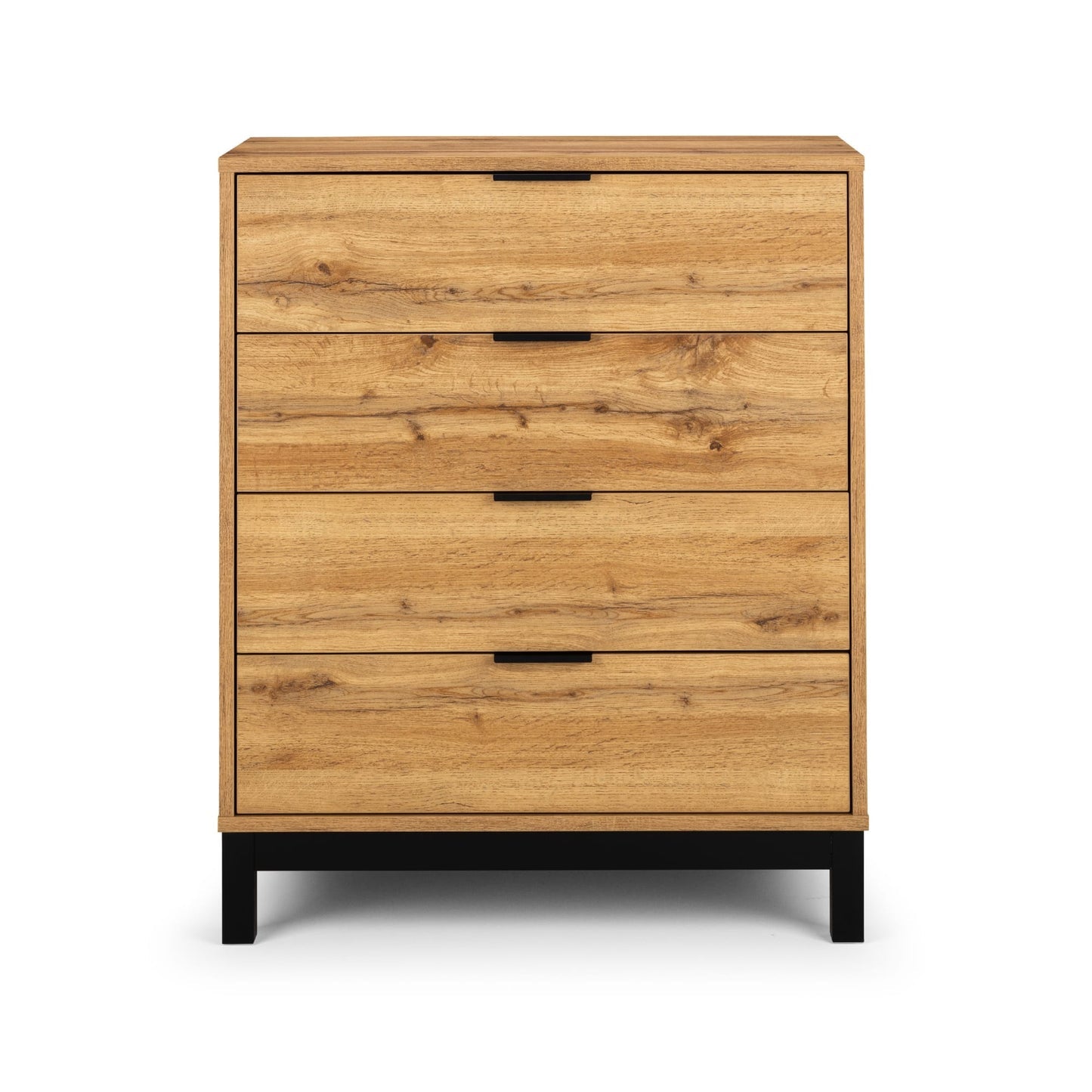 Front elevation view of the Bali natural oak 4 drawer chest displaying four closed drawers with black lip handles