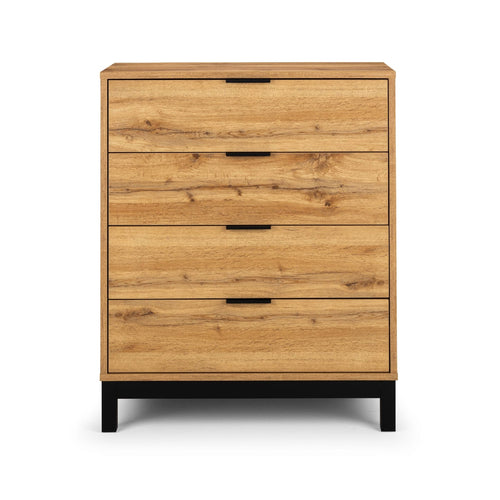 Front elevation view of the Bali natural oak 4 drawer chest displaying four closed drawers with black lip handles