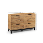 Dimensional diagram displaying the height, width, and drawer depth measurements for the Bali oak 6 drawer chest