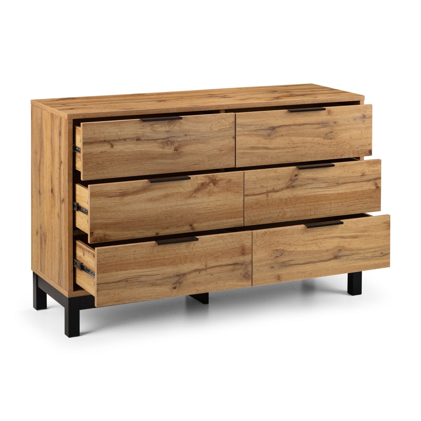 Front perspective view showing all six open drawers of the Bali natural oak wide chest
