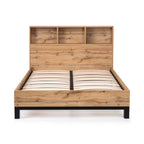 Front view studio shot of the Bali oak bed frame featuring a built-in bookcase headboard and slatted base