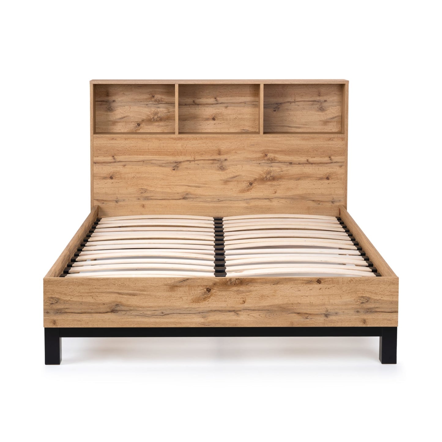 Front view studio shot of the Bali oak bed frame featuring a built-in bookcase headboard and slatted base