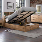 Bali oak bed frame with hydraulic ottoman gas lift open showing underbed storage