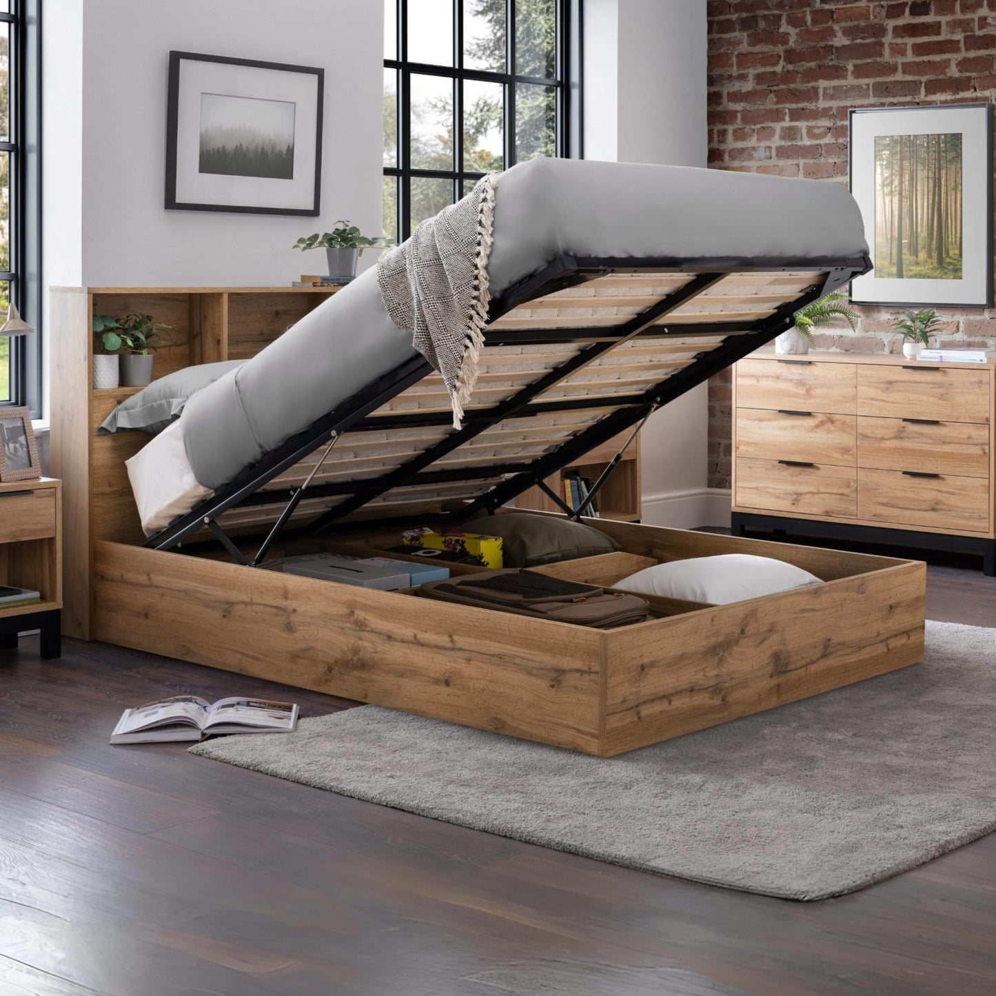 Bali oak bed frame with hydraulic ottoman gas lift open showing underbed storage