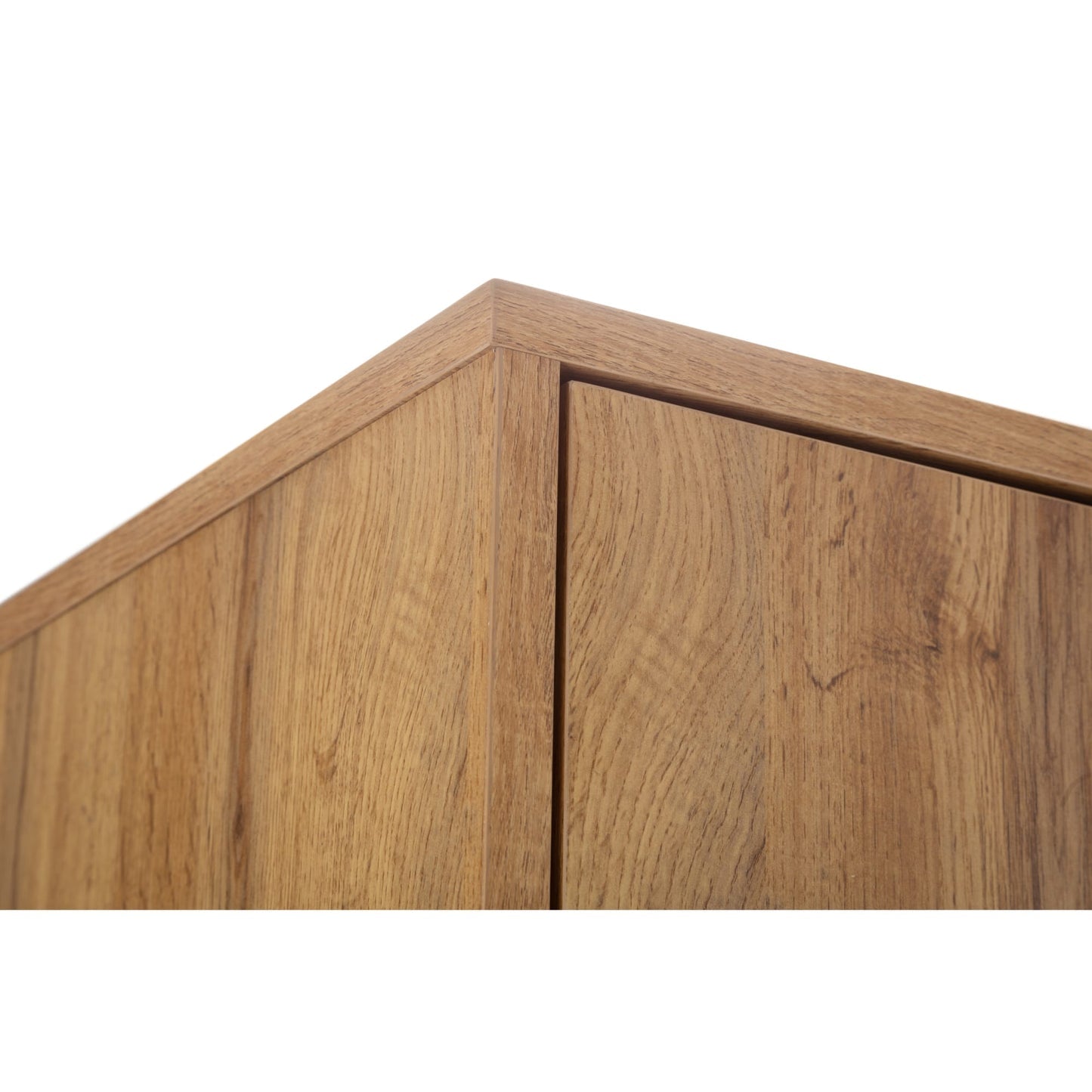 Close-up view showing the wood grain finish and precise top corner joint of the Bali natural oak wardrobe