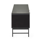 Side profile view of a modern black metal and wood media console on a white background.