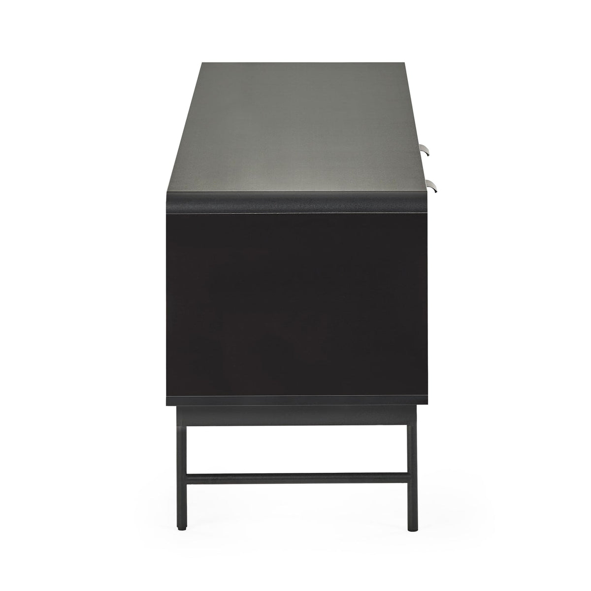 Side profile view of a modern black metal and wood media console on a white background.