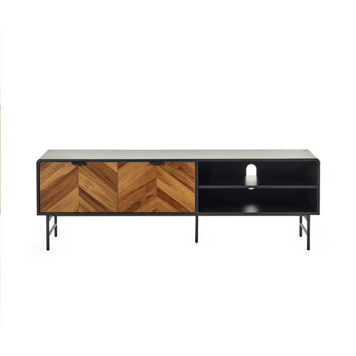 Front studio view of a black and wood chevron media console on a plain white background.
