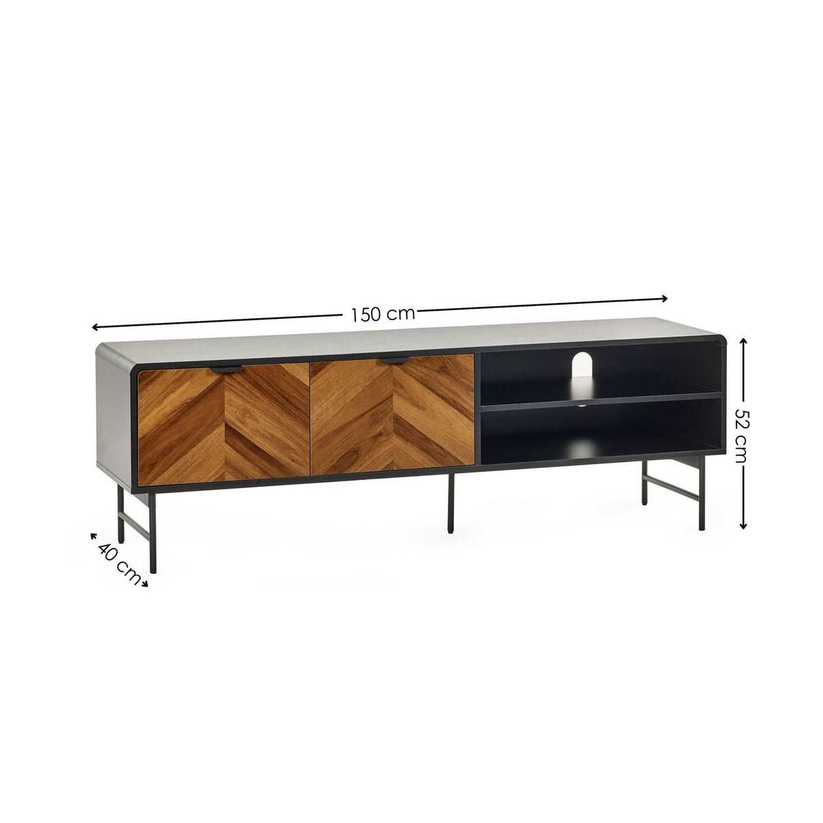 Studio schematic image of a black and wood TV console detailing 150 cm width and height dimensions.