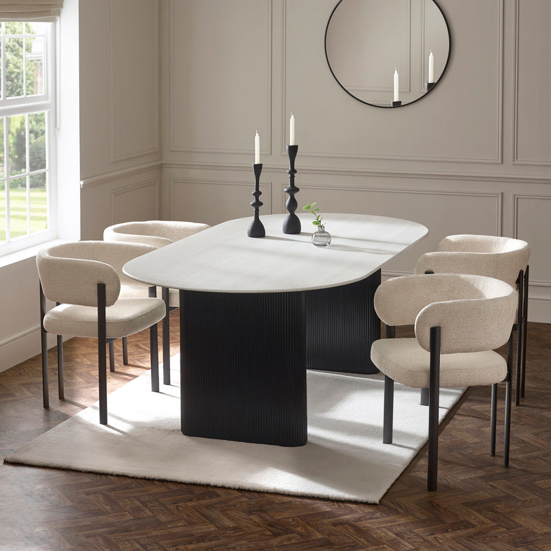 Bolivia White marble effect oval dining table set with 4 upholstered cream chenille chairs