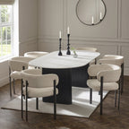 Bolivia 220cm white marble effect oval dining table set with 6 cream chenille chairs