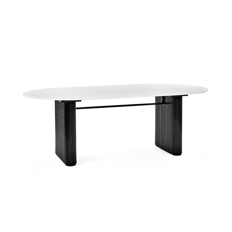 Bolivia Oval Dining Table with wooden finish, showcasing its sleek oval shape and sturdy legs for elegant dining.