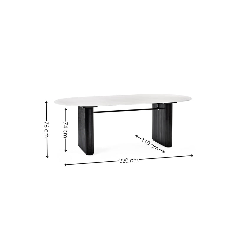 Bolivia 220cm white marble effect oval dining table with black pedestal legs