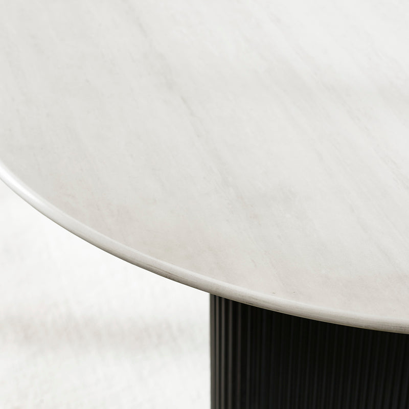 Detail of white marble effect surface on the Bolivia 220cm oval dining table