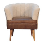 Direct front view of the Bouclé Cream and Leather Accent Armchair showing the fluted backrest.