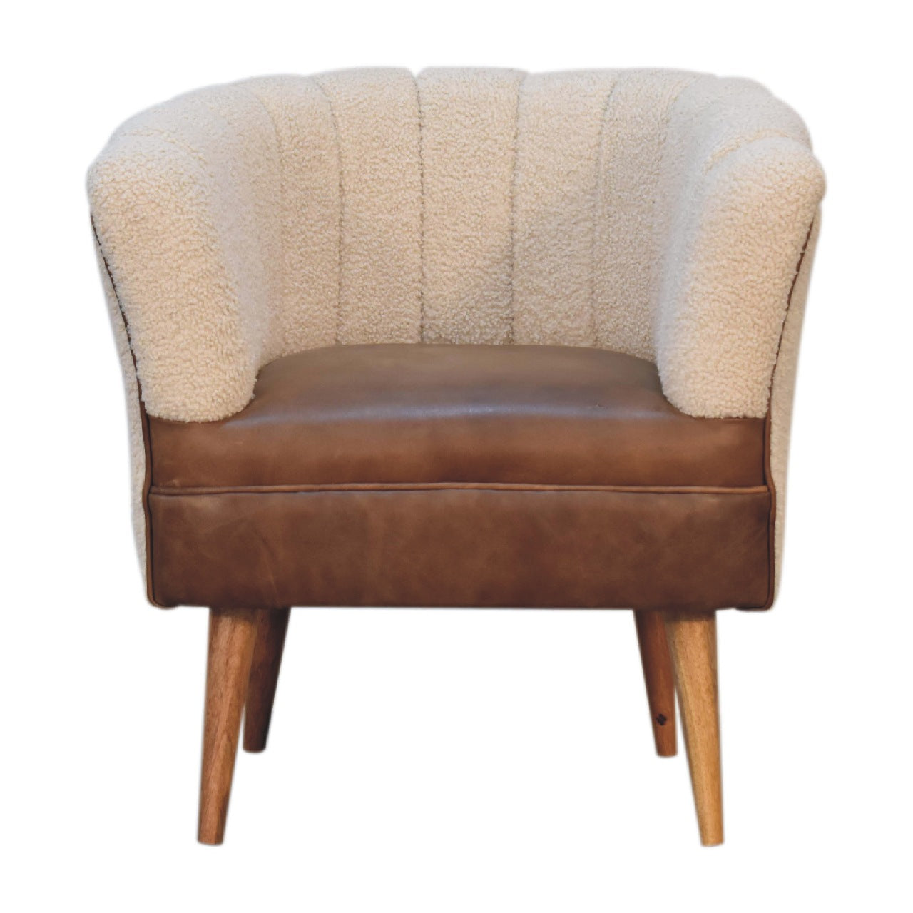 Direct front view of the Bouclé Cream and Leather Accent Armchair showing the fluted backrest.