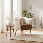 Bouclé Cream and Leather Accent Armchair styled in a bright living room next to a wooden side table.