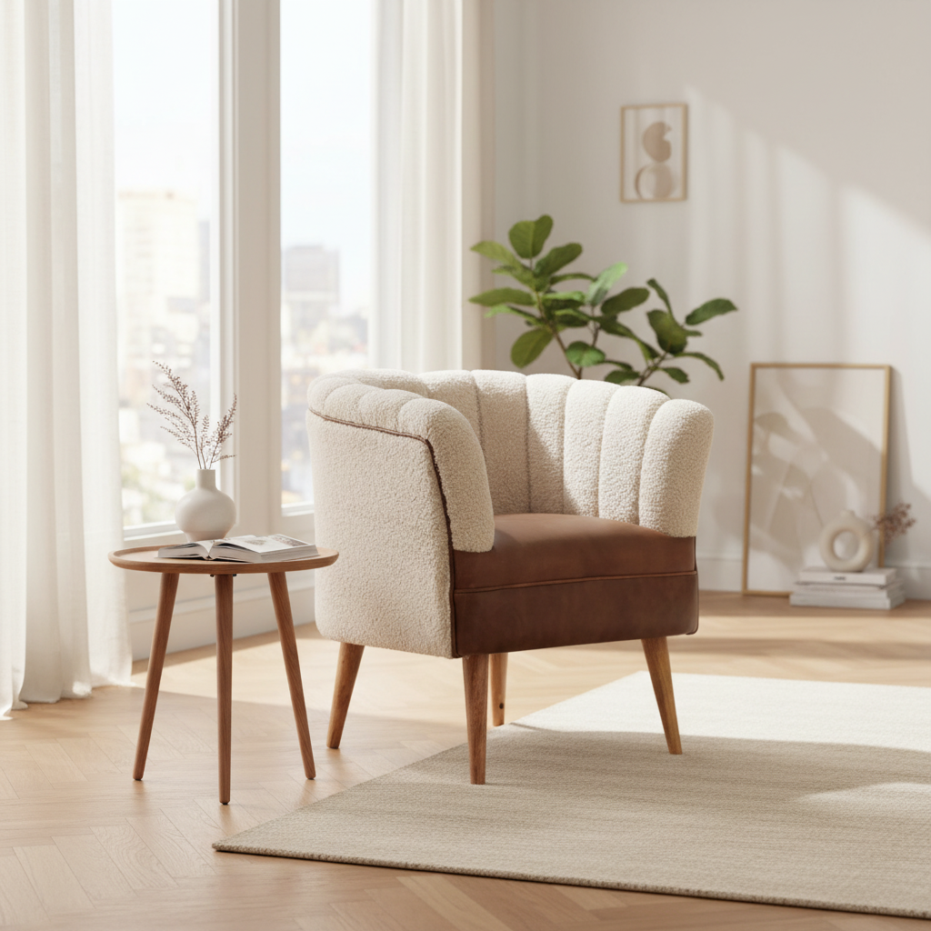 Bouclé Cream and Leather Accent Armchair styled in a bright living room next to a wooden side table.