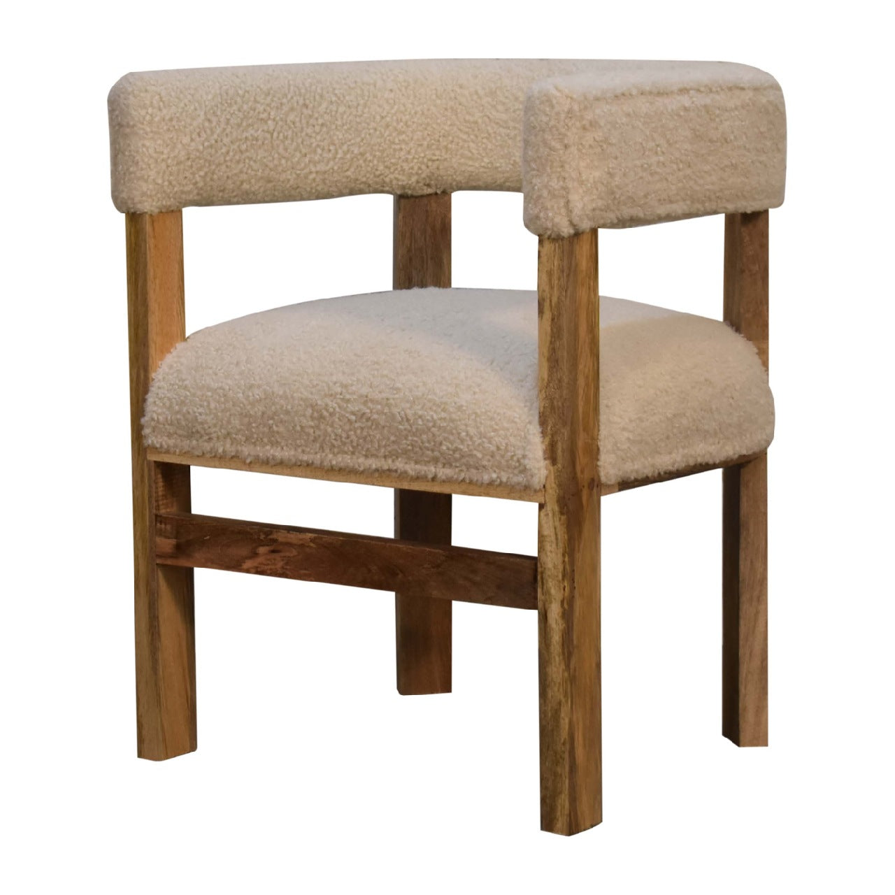 Direct front profile view of the Bouclé Cream Solid Wood Chair showing the textured seat cushion.