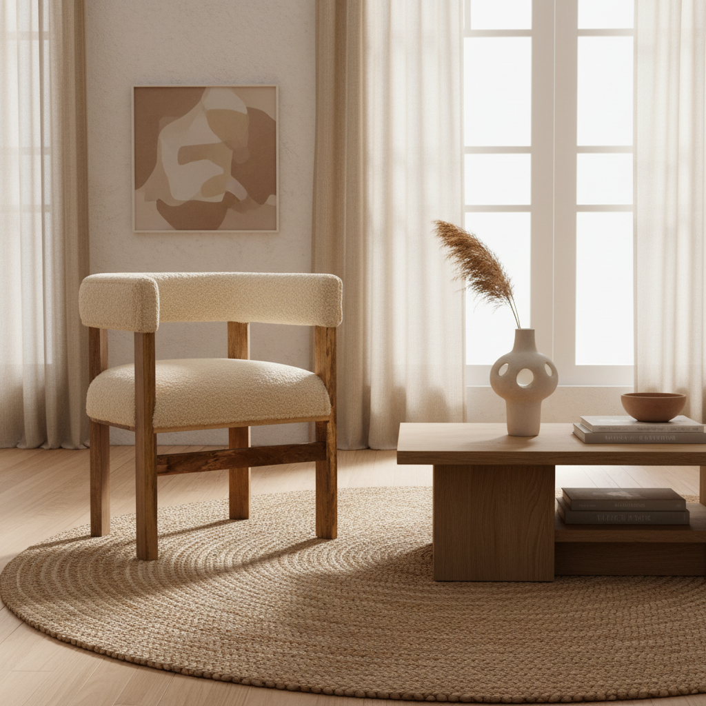 Bouclé Cream Solid Wood Accent Chair