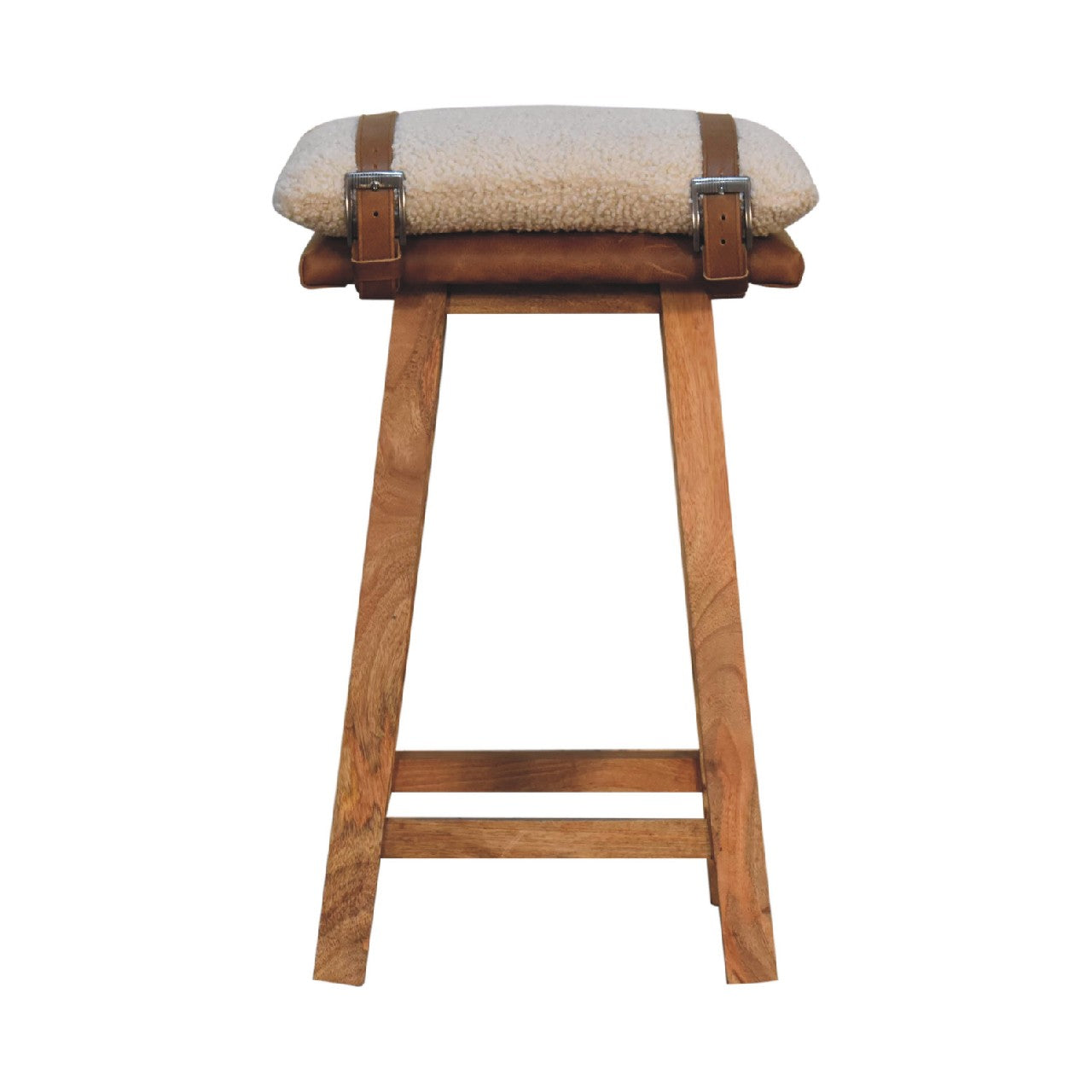 Direct front profile view of the Bouclé Cream and Leather Belted Bar Stool with solid wood legs.