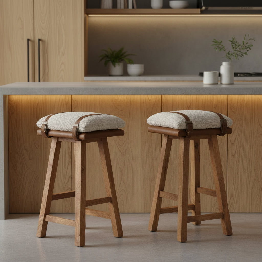 Bouclé Cream and Leather Belted Bar Stool styled against a neutral wall in a modern kitchen setting.