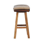 Direct side profile view of the Bouclé Cream and Leather Belted Bar Stool with solid wood legs.