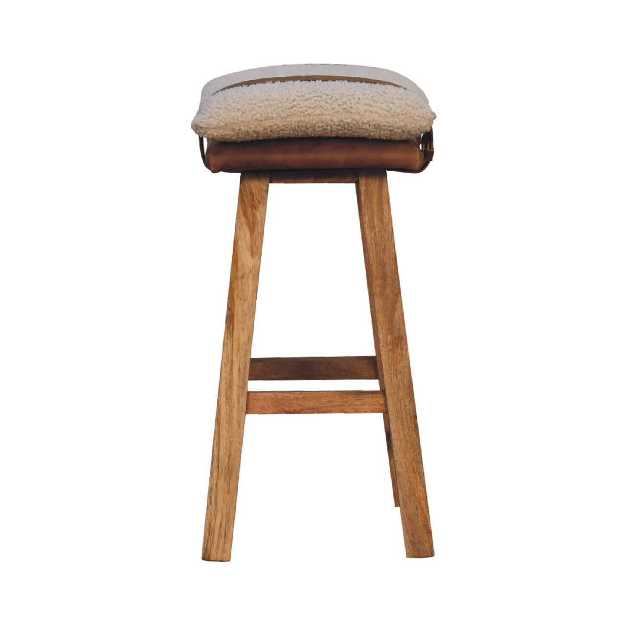 Direct side profile view of the Bouclé Cream and Leather Belted Bar Stool with solid wood legs.