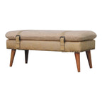 Direct front view of the subtle, tone-on-tone Beige Leather and Bouclé Cream Bench.