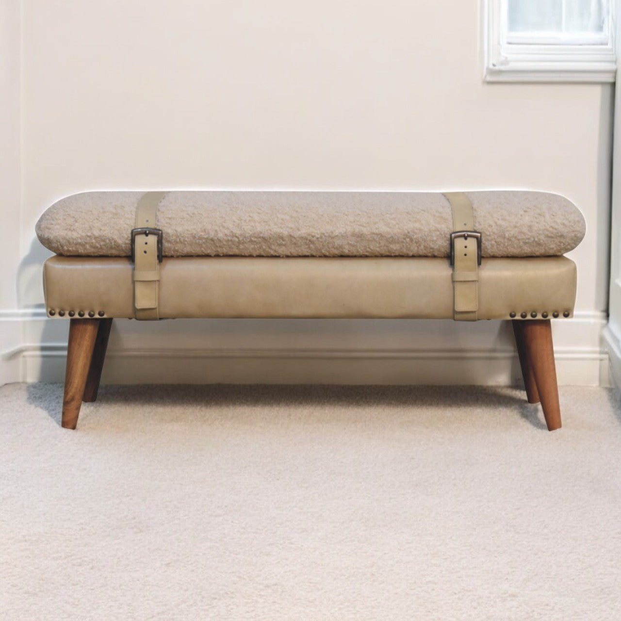 Bouclé Cream and Beige Leather Belted Bench styled against a light neutral backdrop.
