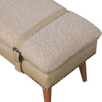 Top angle view highlighting the soft beige leather harness strap over cream bouclé.