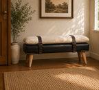 Bouclé Cream and Black Leather Belted Bench styled in a contemporary interior room.