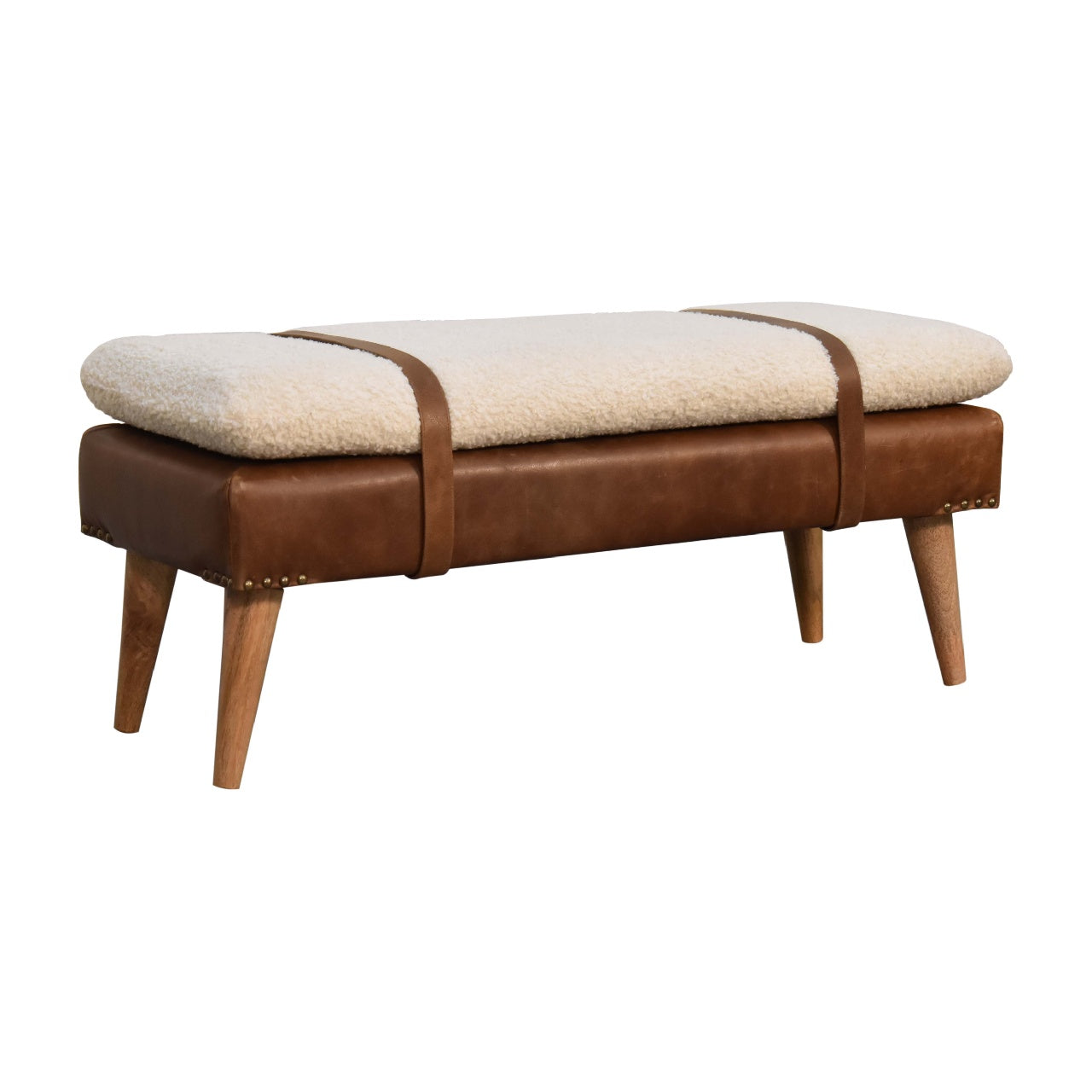 Direct front perspective view of the Bouclé Cream Bench with Brown Leather base and straps.