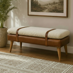 Bouclé Cream and Brown Leather Belted Bench styled in a warm, modern living room setting.