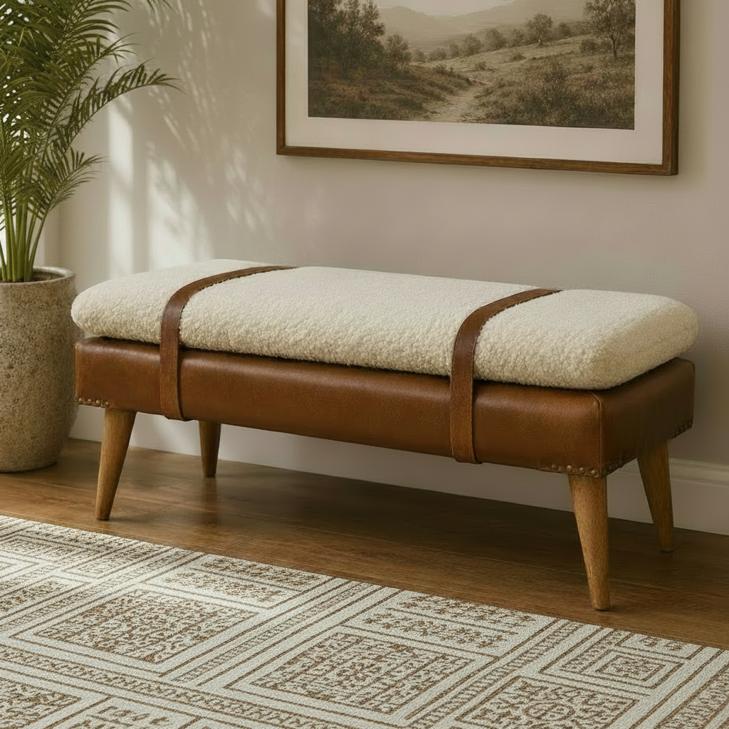Bouclé Cream and Brown Leather Belted Bench styled in a warm, modern living room setting.