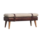 Direct front view of the Bouclé Cream Bench with deep Mahogany Leather trim.