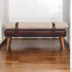 Bouclé Cream and Mahogany Leather Belted Bench styled against a neutral wall.