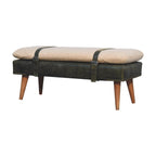 Direct front perspective view of the Bouclé Cream Bench with Olive Green Leather base.