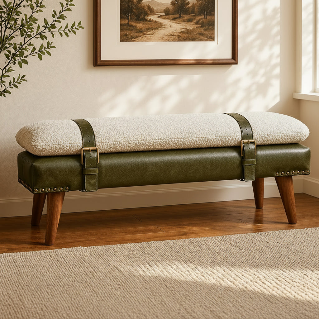 Bouclé Cream and Olive Green Leather Belted Bench styled in an entryway setting.
