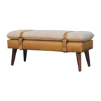 Direct front view of the Bouclé Cream Bench with Tan Leather base and wooden legs.