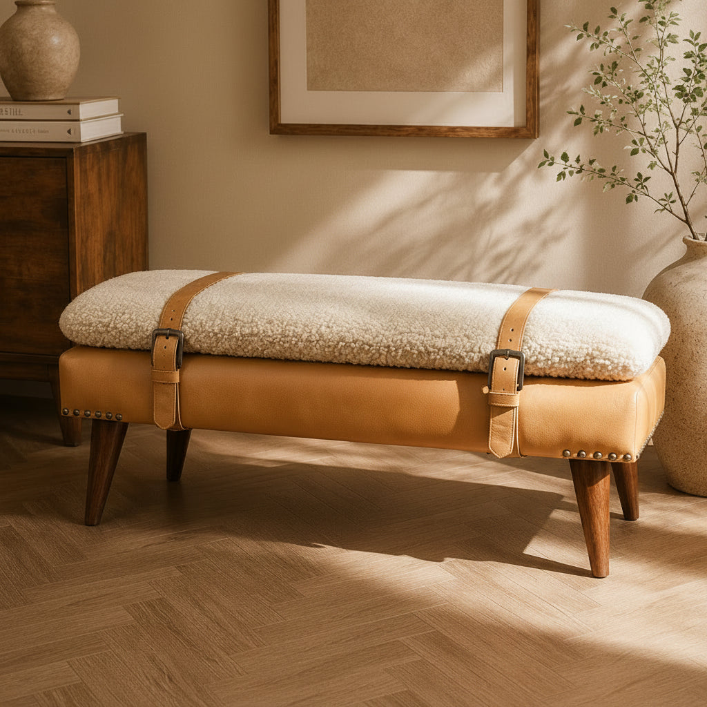 Bouclé Cream and Tan Leather Belted Bench positioned in a warm, cozy room setting.