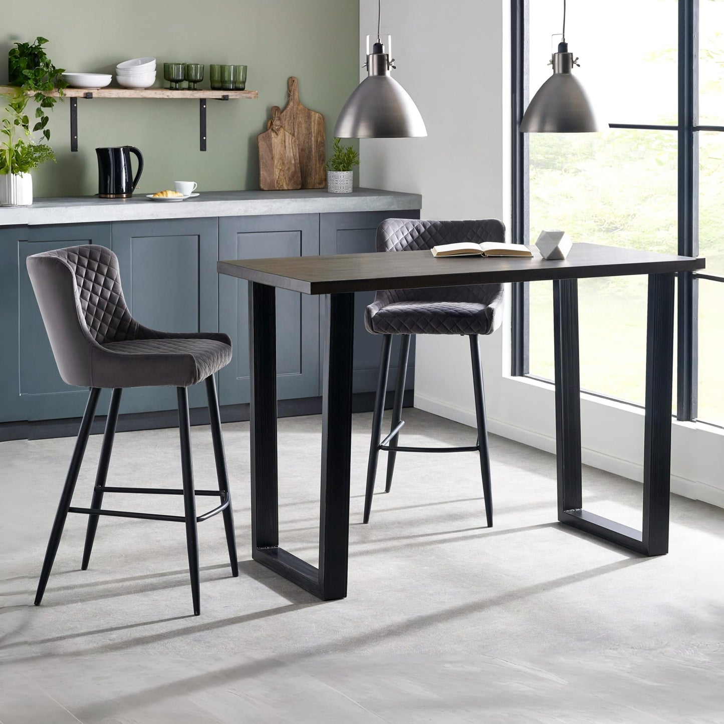 Dark oak Brooklyn bar table styled in a contemporary kitchen setting.